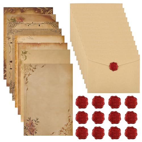 Vintage Briefpapier mit Umschlag, Set Vintage Schreiben mit 16 Vintage-papier Briefumschläge,16 Kraftpapier Briefpapier und 16 Wachssiegel Aufkleber, für Love Letter, Hochzeit, Geburtstag