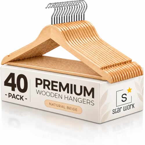 Image of STAR WORK Multi Functional Solid Wooden Suit Hangers, Coat Hangers, Natural Finish with 2 Shoulder Notches 360 Degree Swivel Hook (40)