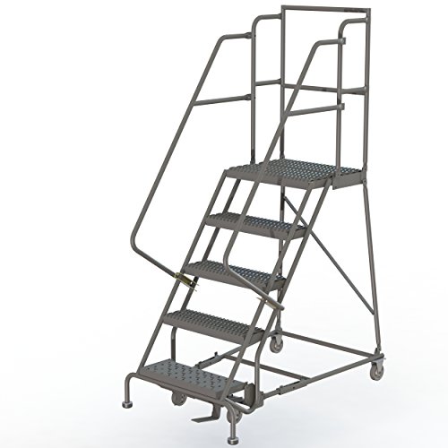 Image of Tri-Arc KDSR105242-D3 5-Step 30 inch Deep Top Steel Rolling Industrial & Warehouse Ladder with Handrails, 24 inch Wide Grip Strut Tread