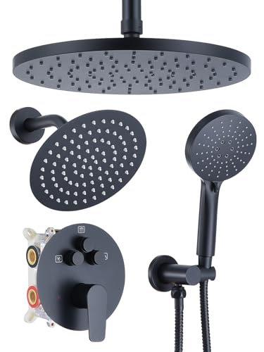 Image of Woindo Shower Faucet Set 10 inch Rain Shower Head /8'' Side Shower Head and 3 Setting Handheld Ceiling Mount 3 Push Button Diverter Complete Rainfall Round Shower System Included Valve Trim Kit