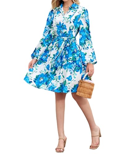 Image of Women Long Sleeve Spring Button Down A-Line Floral Print Summer Cocktail Shirt Dresses with Belt