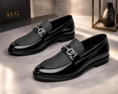Image of Men's Formal Dual-Texture Loafer, Slip-On Dress Shoe, Patent and Matte Finish, Metallic Bit Detail, for Black-Tie Events and Festive Occasions