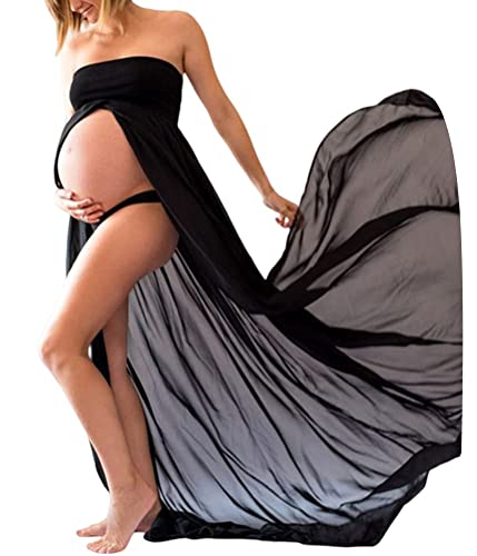 ORANDESIGNE Mujer Premamá Vestido Elegant Maternidad Foto Shoot Maxi Ropa Vestido de Fiesta Ceremonia Manga Larga Dress F Negro XL