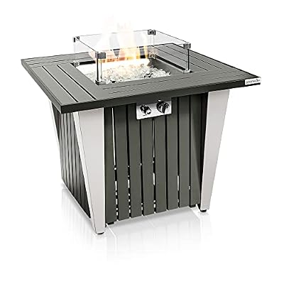 SereneLife Outdoor Propane Fire Pit Table - CSA/ETL Certified 50,000 BTU Pulse Ignition Weatherproof Square Propane Gas Fire Table w/ Adjustable Flame - Glass Wind Guard, Glass Rocks - SLFPX69