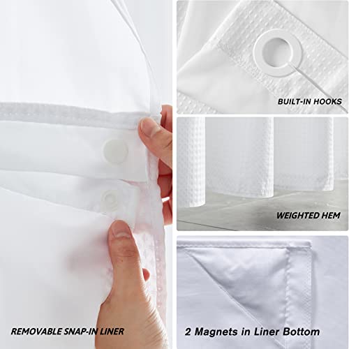 Furlinic Extra Long Waffle Weave No Hook Shower Curtain With Snap In Liner,Heavy Duty Textured Fabric Bathroom Curtains,Hotel Style With Mesh Top Window,Waterproof & Machine Washable,White,71X96 Inch #TOP2