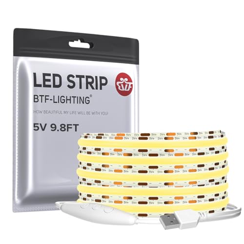 Image of BTF-LIGHTING 5V USB COB LED Strip Lights Super Bright Dimmable LED Tape Light,Warm White 3000K 9.8FT Flexible Light Strip with Strong 3M Tape for 3D Printer,TV Backlight,Cabinet,Home Lighting