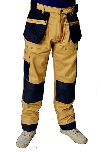IBEX Tactical Cargo Work Pants with Multi-Pockets & Knee Pad Pockets - Durable Heavy-Duty Trousers for Tradesmen & Outdoor Activities, Beige/Khaki, 28 Waist - Short