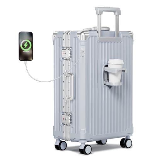 Krute No Zipper Carry On Luggage 20 Inch Suitcase with Wheels PC Aluminum Frame Luggages with Cup...