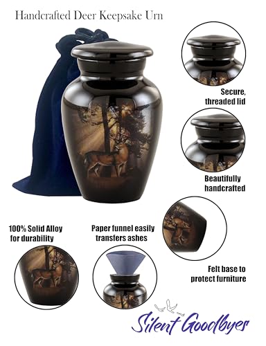 Image of Gone Hunting Deer Keepsake Urns with Sunrays - Set of 4 Majestic Buck Mini Cremation Urns for Human Ashes - Handcrafted Sharing Token Funeral & Memorial Urns with Velvet Bags & Funnel (S /4 Keepsakes)