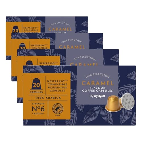 by Amazon Cápsulas de Aluminio de Café Sabor Caramelo Compatibles con Nespresso, 20 Unidades (1 Paquete de 80), Certificadas por Rainforest Alliance