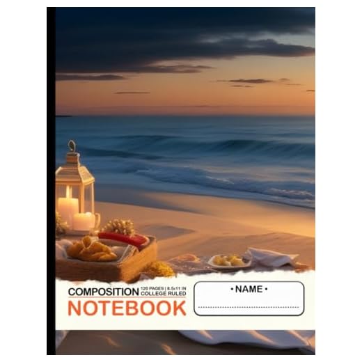 Composition Notebook College Ruled: Picturesque Picnic Scene on Sun-Kissed Beach, Comfortable Blanket with Delicious Foods, Tranquil Ocean Backdrop, Serene Atmosphere, Size 8.5x11 Inches, 120 Pages