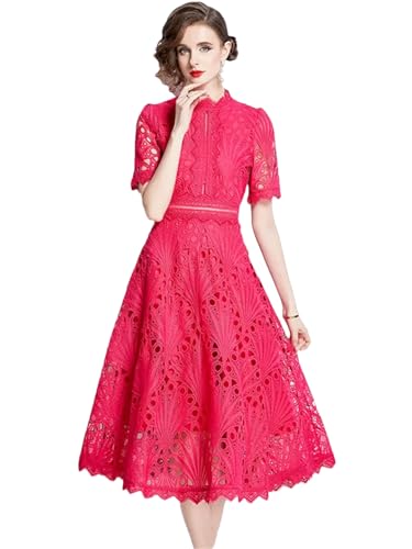 Image of Womens Vintage High-End O-Neck Short Sleeve Lace Hollow Out Dress Slim Elegant Long Dress