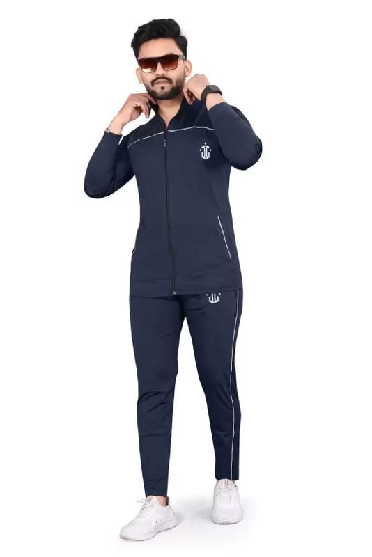 GIBBONTE Men Winter Track Suit Lycra Fleece Hooded Zipper Track Suit- Fitness Exercise Men’s Gym Training Sportswear Winter Tracksuit Track_Blue_M, Blue, 42