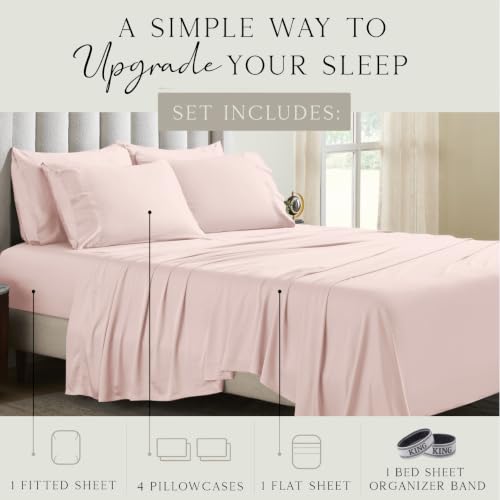 Image of KARISSA MAE 6 Piece Luxury Bamboo Viscose King Sheet Set, 4 Pillowcases | FSC Certified | Cooling | Ultra Soft | 18 inch Deep Pockets | Elastic Corner Straps | Includes Organizer Band [Pink Peony]