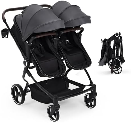 GarveeLife Side by Side Double Stroller for Twins, Lightweight Compact Foldable Baby Travel Stroller with High Landscape Seat, Adjustable Canopy & Recline for Infant and Toddler, Dark Grey