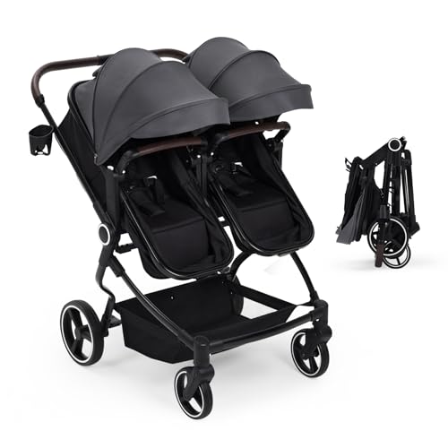 GarveeLife Side by Side Double Stroller for Twins, Lightweight Compact Foldable Baby Travel Stroller with High Landscape Seat, Adjustable Canopy & Rec