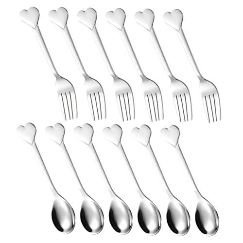 Cabilock 12pc Love Fork Spoon Set Stainless Steel Cutlery Salad Fork Cake Spoon Appetizer Boys and Girls Utensil Home Party Supplies