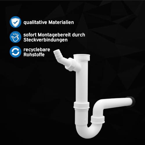 kör4u Kunststoff Siphon, 1 1/2 Zoll x 40/50 mm, Röhrengeruchverschluss für Spültisch, mit Maschinenanschluss, Gummimanschette, Abflussrohr