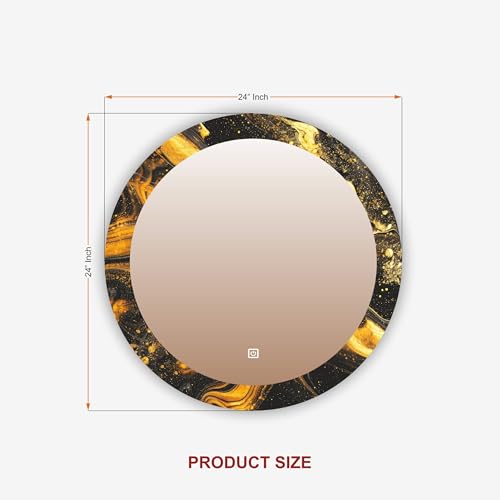 Image of NEVEX Glass Round 24x24 Inch Decorative Art Unique UV Printed Smart LED Mirror with 3 Color Lights (Warm White, Cool White & Natural White) | Fancy Wash Basin Wall Mirror for Modern Home Decor