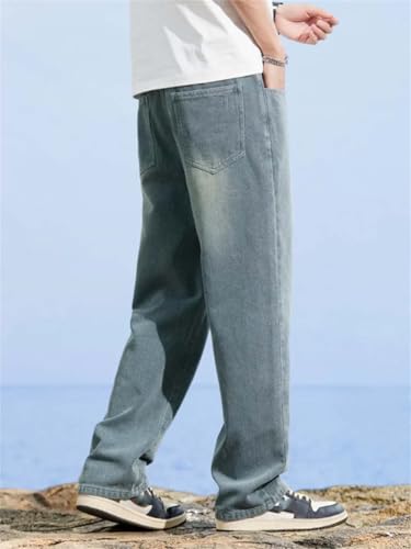 Hndudnff Men's Summer Cotton Jeans Casual Elastic Waist Drawstring Stretch Straight Leg Denim Long Pants2