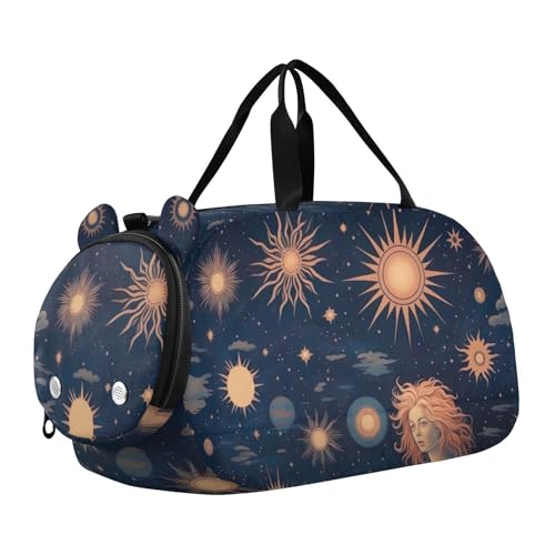 Sun Moon Stars Duffle Bag for Girl, Sports Duffle Gym Bags with Shoe Compartment, Personalized Overnight Bag Travel Weekender for Kids