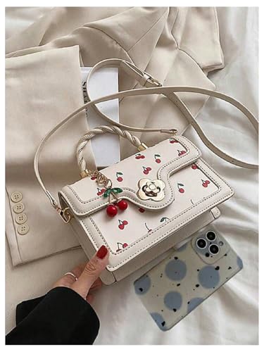 Women's Cherry Print Flap Square Bags Adjustable Strap Top Handle Satchel Crossbody Bags with Cherry Pendant4
