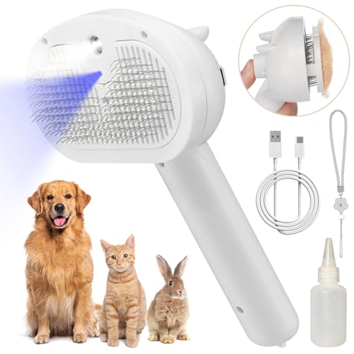 Pet Steam Hair Comb Brush for Shedding 4 In 1 Spray Brush for Long Short Haired CatDog Self Cleaning Hair Remover with Water Tank And LED Blue Light Release Button White