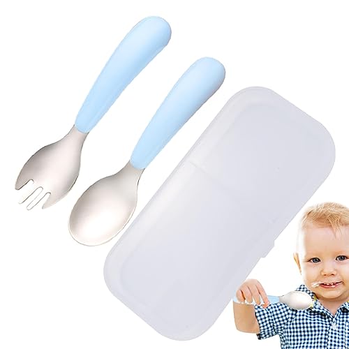 幼児用フォークとスプーンセット, 安全なスプーンとフォークの食器セット 2 本, 信頼性の高いステンレス鋼の幼児用食器コンパクト子供用銀食器食器セット収納ケース付き男の子女の子用 Bonsem