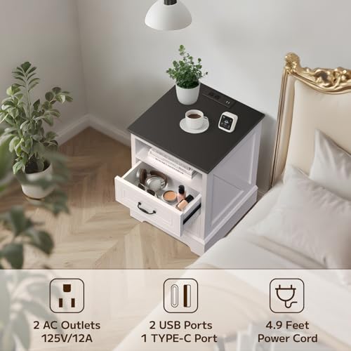 Image of Eongdon Nightstand with Charging Station, 18 inch W x 24 inch H Farmhouse Rustic Bedside End Table, 2 Storage Drawers & Open Compartment, Wooden Side Cabinet for Bedroom, Entryway, Living Room (White)