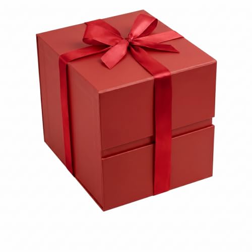Image of LIFELUM Red Gift Box with Lid 7 x 7 x 7 inch, 1 Pack Magnetic Gift Box for Presents Includes Greeting Card, Ribbon and Paper Filler for Christmas, Birthday, Wedding, Baby Shower
