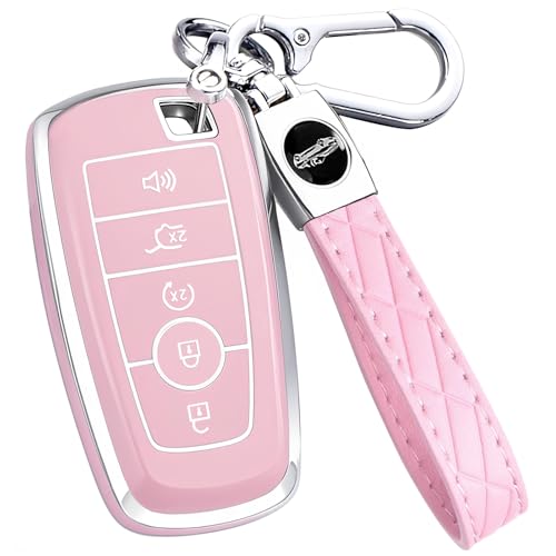 AAWQVRG Key Fob Cover for Ford - Premium Soft TPU Shell Full Protection Case with Keychain Fits Explorer Expedition Escape Bronco Mustang F150 F250 F350 Maverick Ranger Fusion Lincoln Pink 5-Button