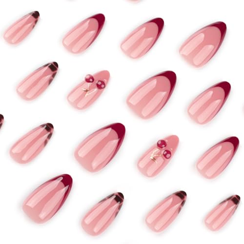 Image of Red Nails Press ons Cherry Fake Nails French Tip False Nail with Tortoise Shell Design Glossy Full Cover Reusable Artificial Acrylic Medium Almond Stick on Nail for Women Manicure 24Pcs