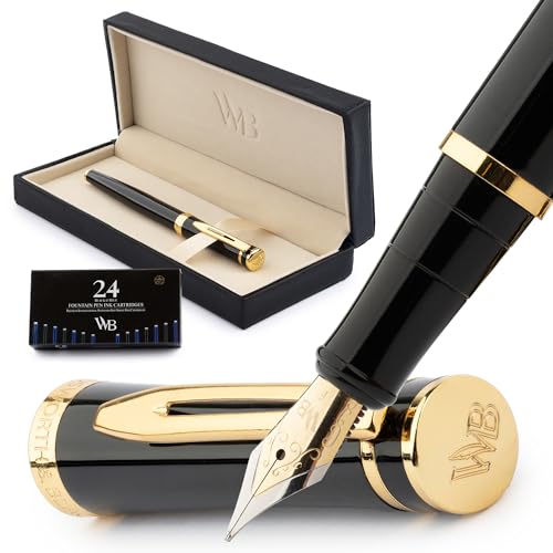 Image of Wordsworth & Black Fountain Pen Set for Writing,Extra Fine Nib, Black | Gift for Men & Women, Brass Body, 18K German Iridium, Calligraphy, Converter + 24 Ink Cartridges, Refillable, Leak-Free