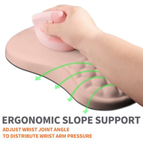 Image of Ergonomic Joint Wrist Support Mouse Pad with Memory Foam Cushion Massage Bump, Carpal Tunnel Pain Relief Mousepad Slope Design for Wrist Rest, 11.8x7.9 in, Rose Pink