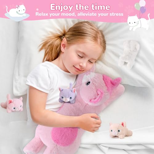 Image of 5 Pieces Cat Stuffed Animals with Babies Inside Belly - 1 Mommy Stuffed Cat with 4 Kittens - Stuffed Kitty Plush Toys for Kid Age 3-8, Gift Ideal for Christmas, Valentine's, Birthday (Pink)