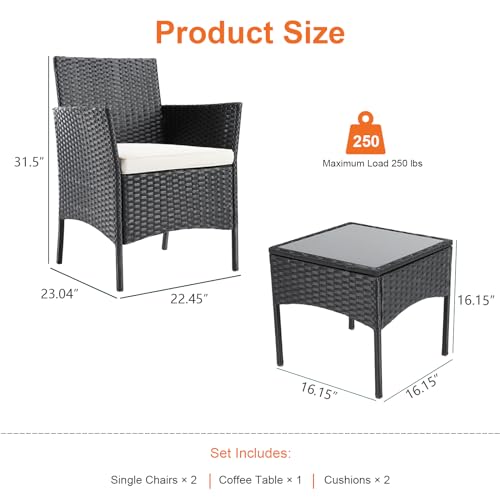 NEWBULIG Patio Furniture Ensemble de Meubles d'extérieur en rotin PE avec Coussin Doux et Table en Verre, 3 pièces, Noir – Image 6