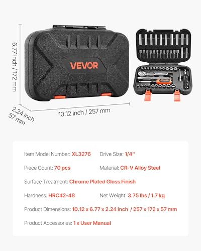Image of VEVOR Socket Set, 70 Pieces, 1 /4 inch Drive Socket and Ratchet Set, SAE and Metric, Deep and Shallow, Mechanic Tool Kit with Bits, Accessories and Storage Case, CR-V Alloy Steel, for Automotive Repair