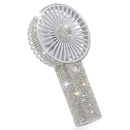 TAZTIR Bling Handheld Fan Portable Rechargeable Rhinestone Mini Fan with USB-C Charging Up to 18H Battery Life 3-Speed Personal Hand Face Fan for Beach Travel Dorm Room Essentials (White)