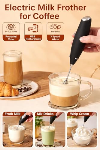 Image of Powerful High-Performance Hand Blender for Quick and Effortless Kitchen Tasks Milk Frother, Stainless Steel Drink Mixer with Frother Stand for Coffee Hot Chocolate (Black1)