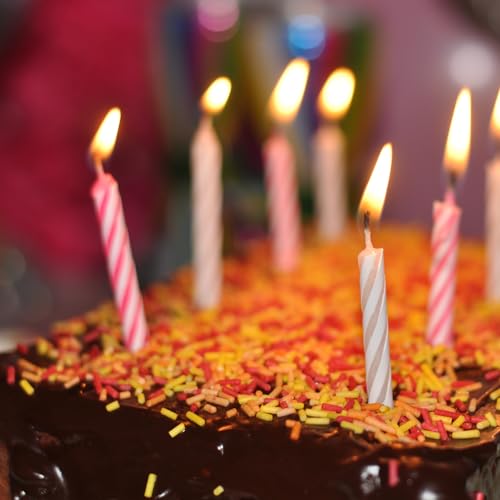 24 Decorative Birthday Cake Celebration Candles Set with Easy to Use Holders, Angel Flames, Assorted Striped Spiral Multi Coloured Birthday Party Candles - Image 5