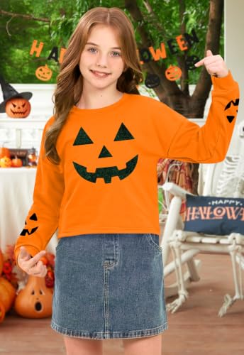 Image of BesserBay Girls Halloween Crop Tops Orange Print Spooky Shirt 6-14 Years