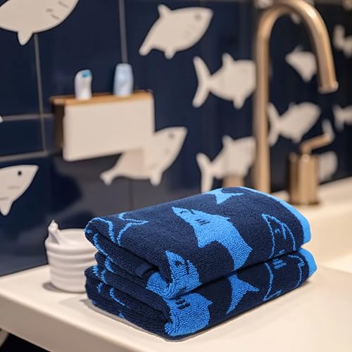 Image of ORIGINAL KIDS 6 Piece Towel Set - Bath Time Shark Attack- 2 Bath Towels, 2 Hand Towels, 2 Washcloths - 100% Cotton Jacquard Soft Absorbent Quick Dry Pool Beach Towel Gift - Navy Blue