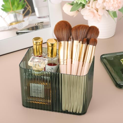 Image of Tbestmax Qtip Holder Dispenser 3-Section Clear Bathroom Organizer Jar 3 Grids Cotton Swab /Pad /Ball Holder Container Cosmetics Storage for Vanity(2 Pack Green)