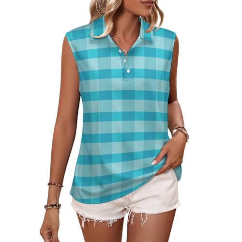 Haut sans manches pour femme, imprimé vichy bleu turquoise, débardeurs à col en V, polo, chemises de tennis, Style 38, XX-Large