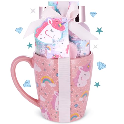 BRUBAKER Cosmetics 5-tlg. Einhorn Bade- und Dusch Set Cherry Blossom - Geschenkset mit Kirschblüten Duft in XXL Einhorn Becher
