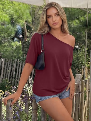 Image of Trendy Queen Womens Off the Shoulder Tops Oversized Summer T-Shirts 2026 | Breathable Strenchy Comfort Material Short Sleeve Basic Oversized Tees Casual Workout Gym Y2k Going Out Clothes