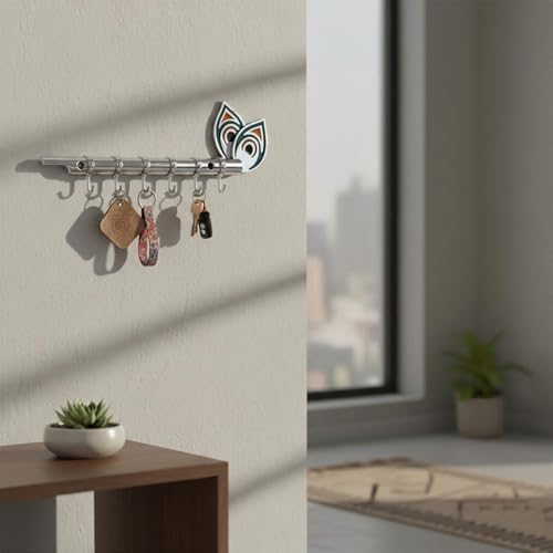 Image of Big Brass Antique Krishna Flute for Key Holder /Key Stand /Keys Hanger Hook /Key Holders for Wall Stylish /Keys Rack Hook /Key Hanging Hooks - Home Decor, Wall Mount - 6 Hooks (Chrome Plated)