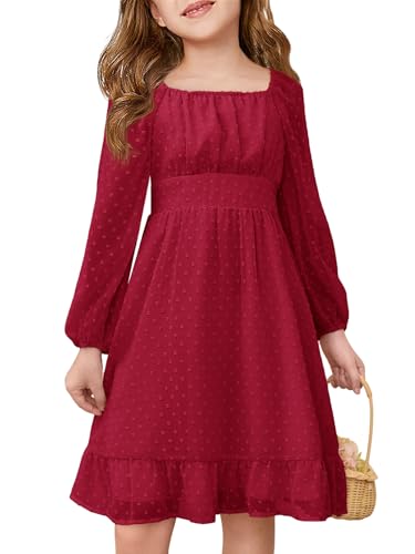 Haloumoning Girls Long Sleeve Dress Kids Ruffle Tiered Dress Swiss Dot Flowy A Line Dresses 5-14 Years