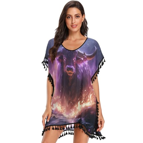Angry Cow Purple Fire Women's Beach Cover Up Chiffon Tassel Swimwear Swimsuit Coverups for Girl