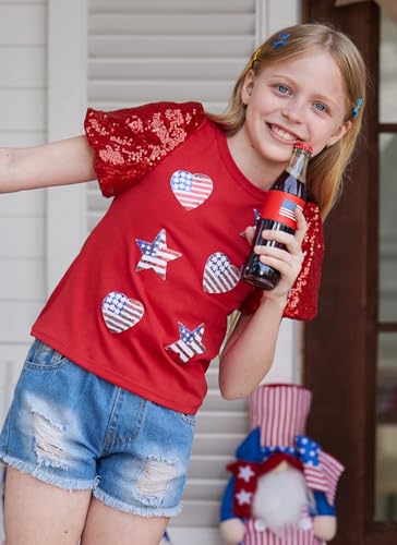 Image of BesserBay Girls 4th of July Sequins Stars Shirt Stripes Puff Short Sleeves Top Shiny Crew Neck Blouse 6-14 Years